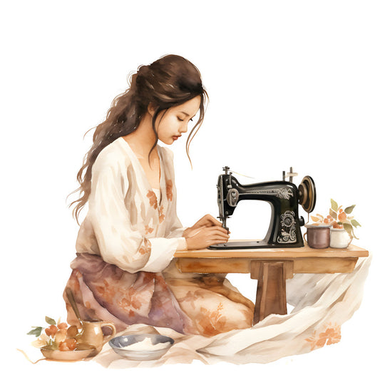 cream, beige, dusty rose, warm brown, terracotta, vintage, woman sewing, sewing machine, retro, nostalgic, cottage core, farmhouse, timeless, elegant, traditional, floral, flowers, nature, crafting, needlework, domestic, home, romantic, soft colors, muted tones, botanical, decorative arts, heritage, classic, feminine
