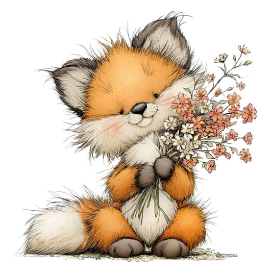 cute fox, orange, cream, white, tan, rust, coral, wildflowers, floral, woodland animals, forest animals, nature, whimsical, sweet, gentle, spring, summer, baby quilt, nursery, children's fabric, animal illustration, fox illustration, bouquet, flower bunch, delicate, soft colors, storybook style, charming, innocent, playful