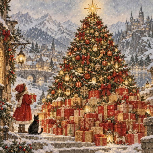 christmas, holiday, winter, snow, castle, fairy tale, magical, enchanted, red, gold, cream, white, silver, deep red, burgundy, forest green, traditional, vintage, elegant, whimsical, festive, nostalgic, presents, gifts, decorations, ornaments, starry, children's, storybook, european