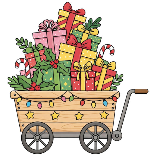 christmas, holiday, shopping cart, gifts, present, festive, candy cane, holly, winter, red, yellow, green, pink, gold stars, bows, ribbons, whimsical, cheerful, seasonal, decorative, winter shopping, gift themed, holly berries, evergreen, festive decor, toy soldier style, playful