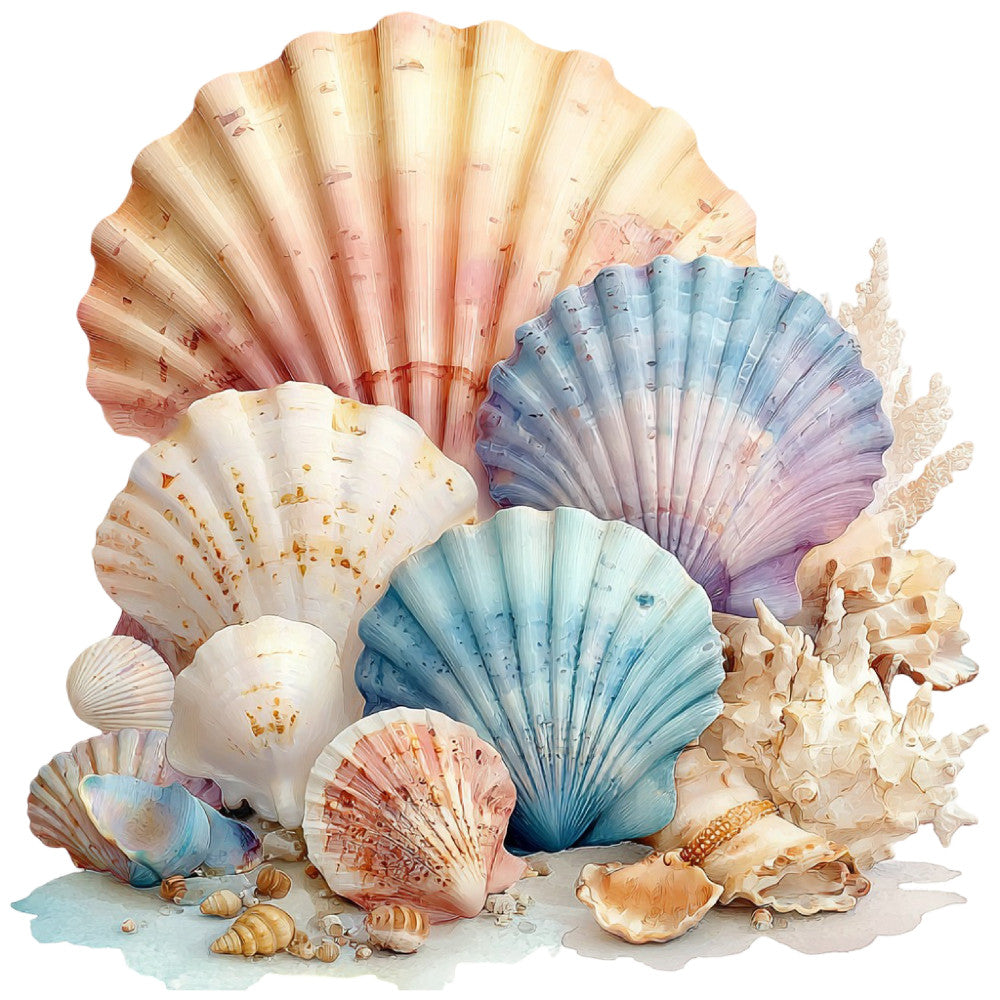 seashells, coastal, ocean, nautical, beach, aqua blue, dusty rose, coral pink, cream, ivory, peach, lavender, blush pink, pastel, watercolor, shells, starfish, sea creatures, marine life, nature, seaside, tropical, whimsical, elegant, romantic, summer, spring, home decor, wall hanging, decorative panel