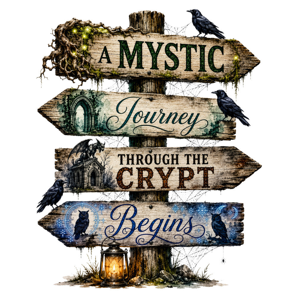 mystical, gothic, crows, ravens, dark academia, woodland, forest green, cream, aged wood, vintage signpost, directional signs, owls, spooky, Halloween, autumn, mystique, whimsical, elegant, rustic, magical, enchanted, nature, birds, lantern, moss, ivy, steampunk, celestial, stars, archway