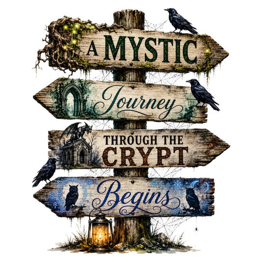 mystical, gothic, crows, ravens, dark academia, woodland, forest green, cream, aged wood, vintage signpost, directional signs, owls, spooky, Halloween, autumn, mystique, whimsical, elegant, rustic, magical, enchanted, nature, birds, lantern, moss, ivy, steampunk, celestial, stars, archway