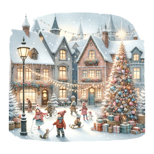 winter scene, christmas, holiday, snow, victorian, storybook, whimsical, nostalgic, vintage, fairy tale, children playing, ice skating, decorated tree, ornaments, gift boxes, snowing, magical, enchanted village, cream, soft blue, dusty rose, warm gold, brick red, charcoal gray, pastoral, festive, traditional, elegant, nostalgic winter, vintage christmas
