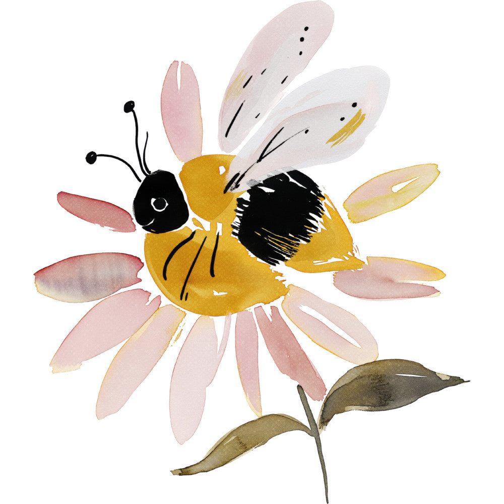 bee, bumblebee, flower, floral, daisy, pink petals, golden yellow, black, dusty rose, pale pink, cream, nature, insects, pollinators, whimsical, modern, botanical, spring, summer, garden, children's, baby, cute, illustration style, watercolor, hand-painted, delicate, nature-inspired, feminine