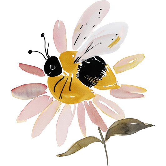 bee, bumblebee, flower, floral, daisy, pink petals, golden yellow, black, dusty rose, pale pink, cream, nature, insects, pollinators, whimsical, modern, botanical, spring, summer, garden, children's, baby, cute, illustration style, watercolor, hand-painted, delicate, nature-inspired, feminine
