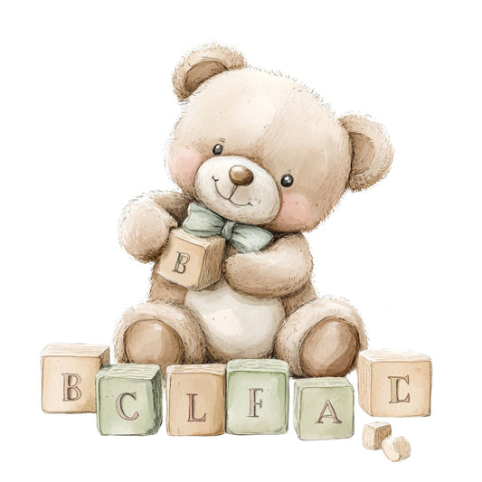 teddy bear, nursery, baby, alphabet blocks, letters, cream, beige, tan, sage green, light green, soft colors, pastel, whimsical, cute, sweet, illustration, storybook, children, kids, infant, baby shower, gender neutral, soft toy, playful, gentle, bow tie, blocks, educational, learning, vintage style