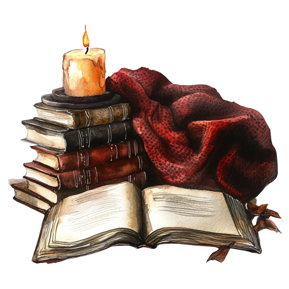 burgundy, wine red, cream, golden yellow, orange, brown, vintage books, candles, autumn, fall, literary, reading, cozy, rustic, traditional, elegant, whimsical, dark academia, intellectual, scholarly, stack of books, open book, candlelight, plaid blanket, knitted throw, moody, warm tones, nostalgic, bookish, library