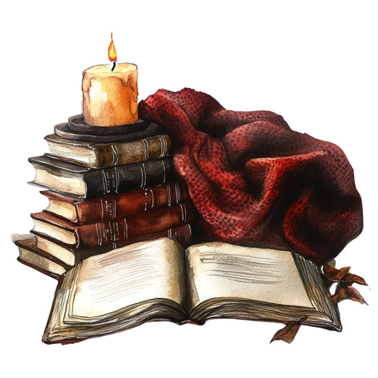 burgundy, wine red, cream, golden yellow, orange, brown, vintage books, candles, autumn, fall, literary, reading, cozy, rustic, traditional, elegant, whimsical, dark academia, intellectual, scholarly, stack of books, open book, candlelight, plaid blanket, knitted throw, moody, warm tones, nostalgic, bookish, library