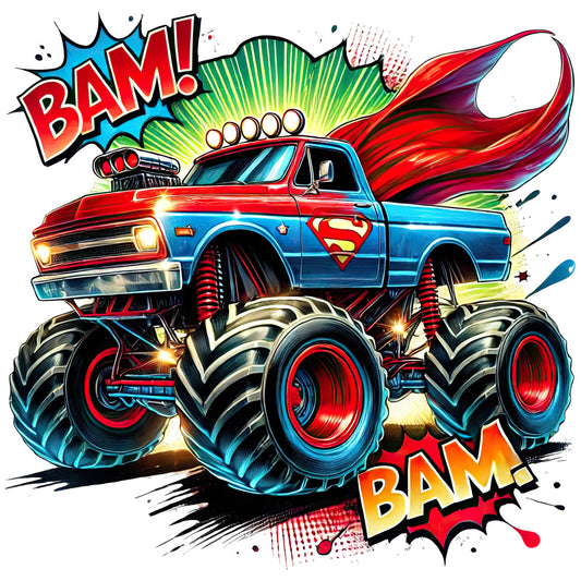 superhero, monster truck, comic book, action, bright red, royal blue, lime green, yellow, bold colors, graphic, pop art, cartoon, vehicles, trucks, superman, cape, explosions, comic style, dynamic, energetic, children's, boys, playful, whimsical, modern, adventure, power, strength, dramatic, vibrant