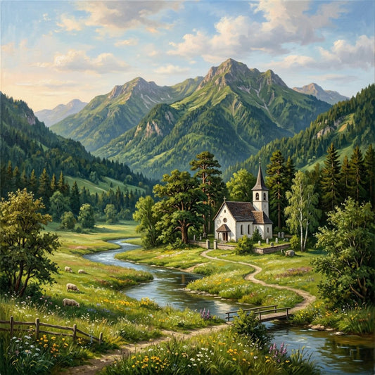 forest green, cream white, sky blue, sage green, mountain landscape, alpine scenery, church, pastoral, countryside, rural, nature scene, traditional, scenic, european village, meadow, wildflowers, coniferous trees, spring, summer, rustic, peaceful, scenic landscape, building, architectural, cottage, stream, water feature, folk art style