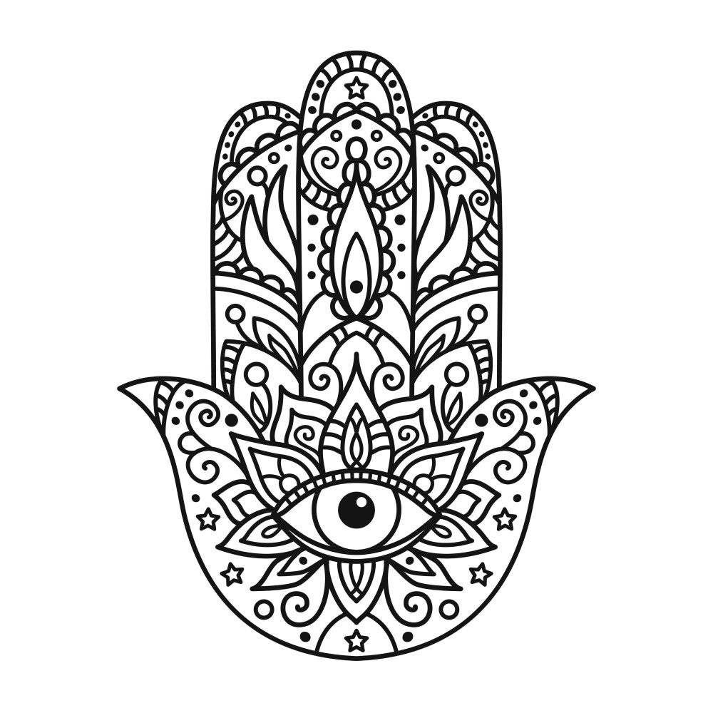hamsa hand, mandala, spiritual, bohemian, eye motif, intricate, ornamental, black and white, monochrome, geometric patterns, floral elements, stars, celestial, mystical, protective symbol, ornate, decorative, traditional, ethnic, abstract design, meditation, yoga, wall art, home decor, artistic, detailed linework, symmetrical, cultural design, boho chic, spiritual symbolism