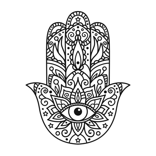 hamsa hand, mandala, spiritual, bohemian, eye motif, intricate, ornamental, black and white, monochrome, geometric patterns, floral elements, stars, celestial, mystical, protective symbol, ornate, decorative, traditional, ethnic, abstract design, meditation, yoga, wall art, home decor, artistic, detailed linework, symmetrical, cultural design, boho chic, spiritual symbolism
