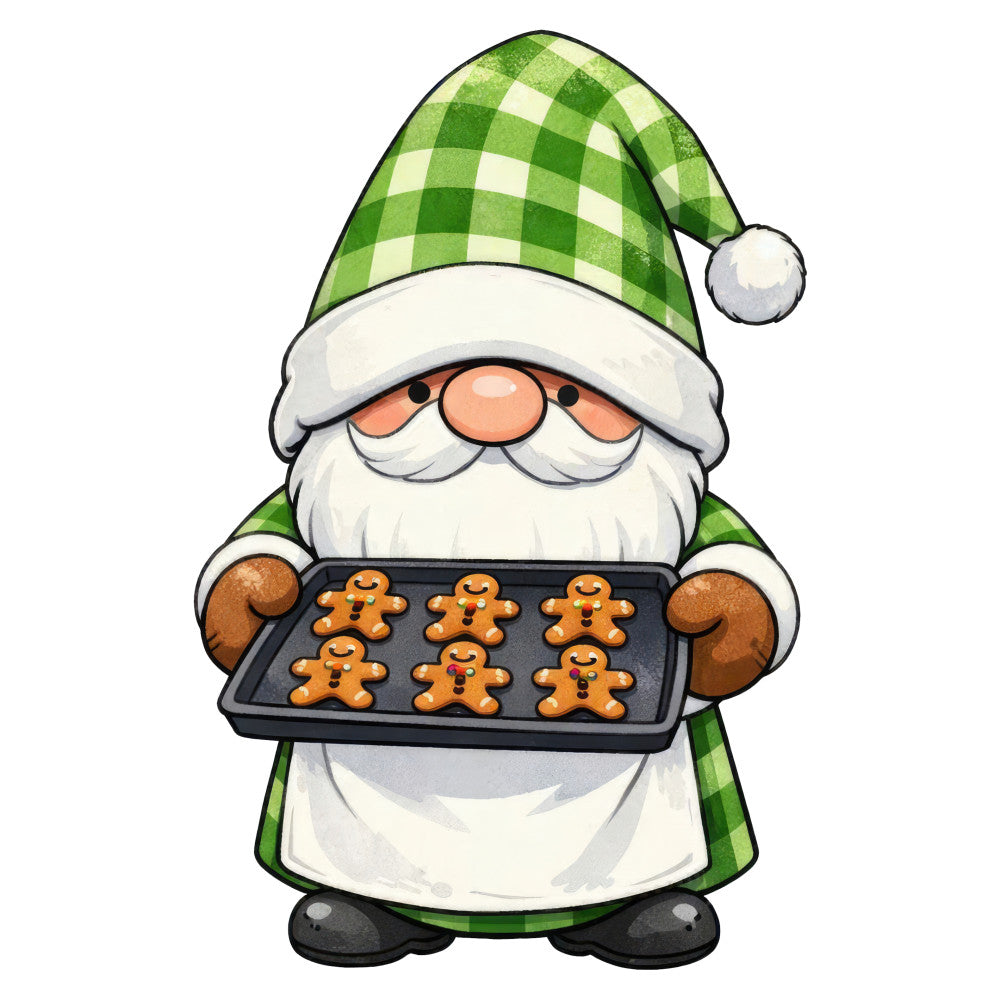 gnome, gingerbread man, gingerbread cookies, christmas, holiday, green and white, forest green, cream, checkered, plaid pattern, gingham, whimsical, festive, baking theme, kitchen, winter, seasonal, home decor, christmas gnome, cookie baking, cheerful, traditional, folk art, scandinavian, farmhouse, bearded gnome, christmas cookie, holiday baking
