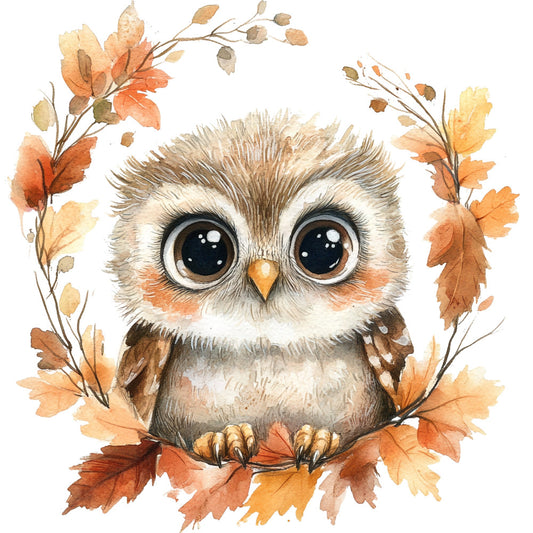autumn owl, fall leaves, watercolor owl, cute owl, woodland animals, nature theme, autumn colors, burnt orange, golden yellow, cream, tan, brown, rustic style, whimsical design, harvest season, fall foliage, children's fabric, animal panel, decorative leaves, autumn aesthetic, cozy style, farmhouse style, leaf branches, seasonal fabric, warm tones, illustrated owl, storybook style, nature lover, woodland nursery