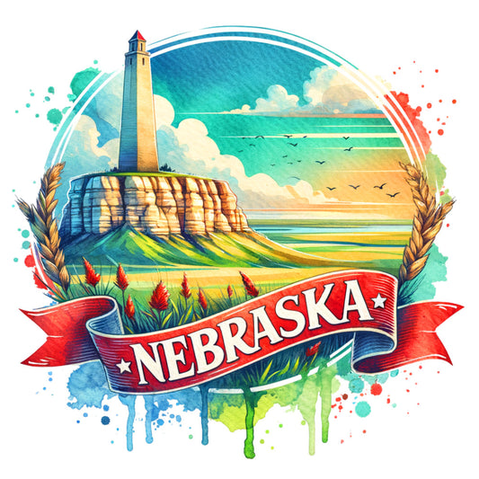 US States Retro Travel Fabric Panel 19 featuring a colorful Nebraska landscape with a lighthouse and decorative banner in premium quilting cotton design