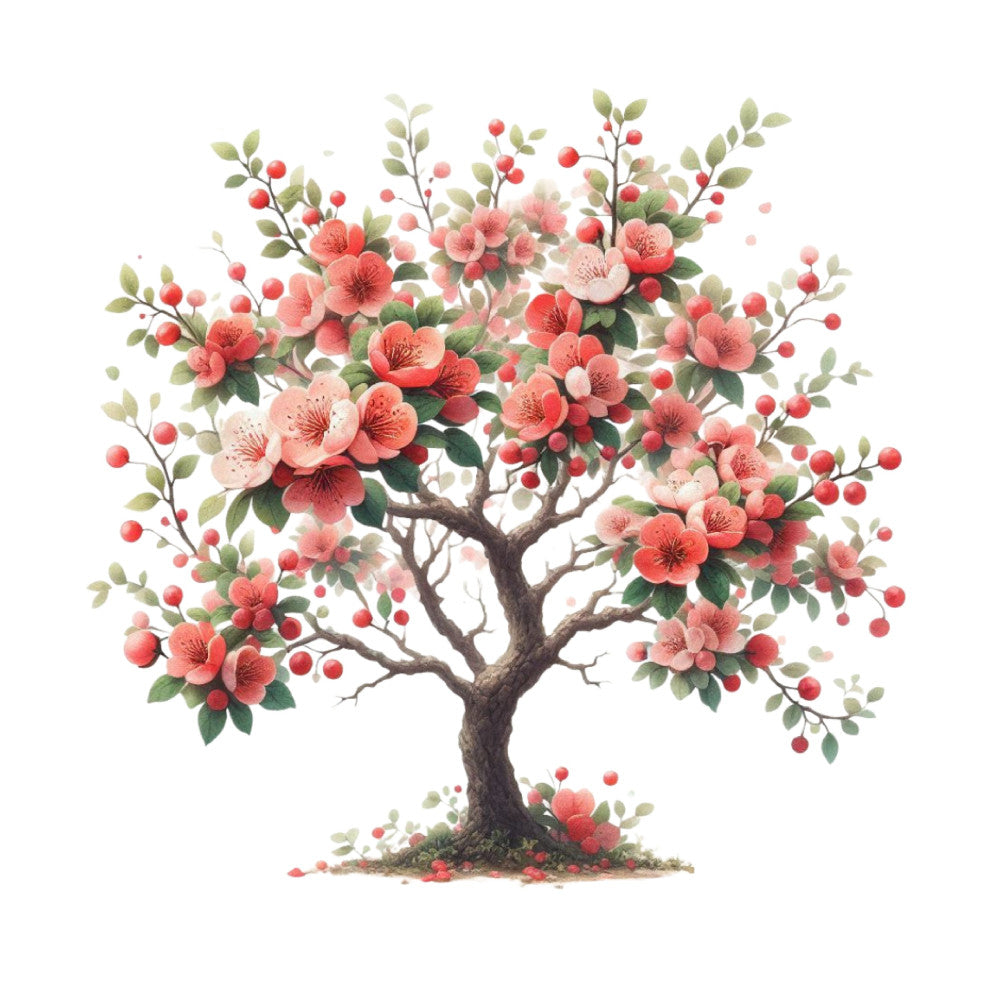 coral pink, dusty rose, red berries, sage green, botanical, floral tree, nature, spring, summer, elegant, romantic, traditional, vintage, tree of life, flowering branches, garden, botanical illustration, blossoms, berry sprigs, leaf motifs, naturalistic, detailed, watercolor style, wall hanging, home decor, timeless, classic, peaceful