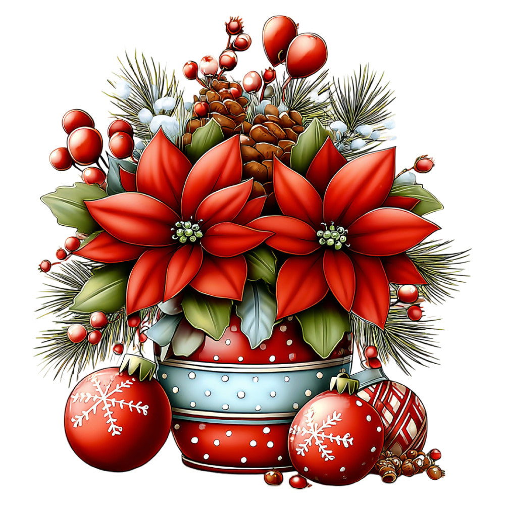 red poinsettia, christmas, holiday, festive, winter, evergreen, pine branches, berries, ornaments, snowflakes, red and green, cream, white accents, traditional, elegant, seasonal, floral, botanical, decorative arrangement, potted flowers, festive arrangement, rustic, classic christmas, red flowers, metallic accents, polka dots, patterned ornaments, wall hanging, home decor