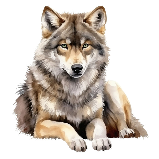wolf, gray, brown, tan, cream, white, realistic watercolor, wildlife, forest animal, canine, green eyes, fabric panel, quilting cotton, nature theme, wilderness, predator, sitting pose, detailed fur, neutral tones, animal portrait
