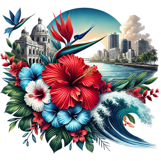 tropical floral, hibiscus, birds of paradise, hummingbird, red flowers, blue flowers, white flowers, ocean waves, coastal, waterfront cityscape, colonial architecture, dome building, palm trees, aqua blue, coral red, navy blue, teal, cream, botanical, nature-inspired, beach theme, summer, tropical birds, elegant, vibrant, scenic, multi-motif, mixed pattern, coastal living, travel destination