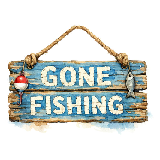 gone fishing, nautical, rustic, vintage, beach, weathered wood, fishing lures, fish, red and white, distressed blue, coastal, farmhouse, cabin decor, lake house, outdoor theme, fishing theme, shabby chic, americana, retro signage, rope detail, cottage core, summer, recreational, hobbies, boating, water sports, masculine, lodge style, weathered finish