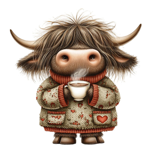 highland cattle, cozy, whimsical, cream, rust red, sage green, animal, rustic, sweater pattern, knit texture, hearts, warm, folk art, charming, cottage core, coffee cup, tea time, winter, autumn, hygge, farmhouse, hand-knit look, appliqué, adorable character, novelty print, children's, storybook, cute animals, decorative panel