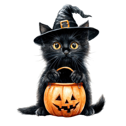 black cat, orange pumpkin, halloween, witch hat, gold eyes, jack-o-lantern, autumn, fall, spooky, festive, whimsical, cute animals, black and orange, holiday, seasonal, trick-or-treat, haunted, playful, cheerful, children's, kids fabric, animal motifs, costume, pumpkin face, carved pumpkin, harvest theme, october, wall hanging, decorative panel