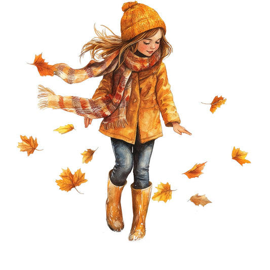 autumn girl, fall leaves, maple leaves, golden yellow, burnt orange, rust orange, warm brown, knit hat, beanie, boots, scarf, children illustration, whimsical, playful, nature, seasonal, fall fashion, girl illustration, leaf motifs, cozy, warm tones, autumn harvest, outdoor play, kids, character fabric, storybook style, watercolor, charming, cheerful, autumn clothing