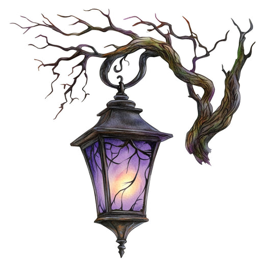 haunted lantern, glow in the dark, purple, amber, gothic, spooky, halloween, twisted branches, dark fantasy, witchy, mystical, magical, eerie, moonlit, nocturnal, creepy, whimsical dark, fairy tale, enchanted forest, bare trees, glowing light, Victorian gothic, steampunk, dark nature, autumn spooky, magical glow, bewitched, supernatural, mysterious, moody