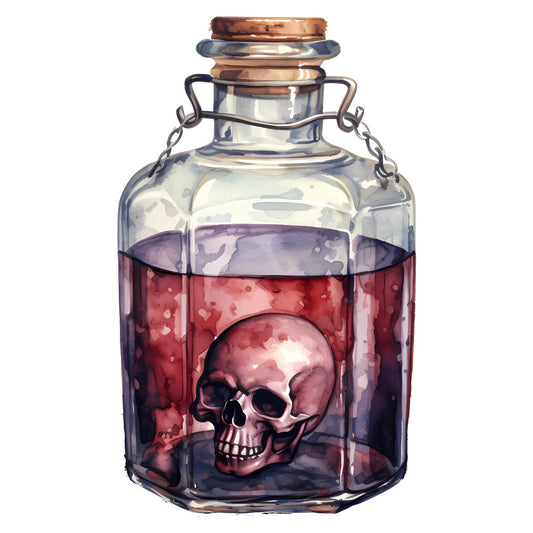 potion bottle, skull, gothic, dark red, deep burgundy, wine red, black, copper, alchemy, mystical, witchy, spooky, halloween, poison, vintage apothecary, dark academia, fantasy, whimsical, macabre, eerie, steampunk, occult, celestial gothic, dark romantic, goth aesthetic, decorative bottle, magical, mysterious, alternative style