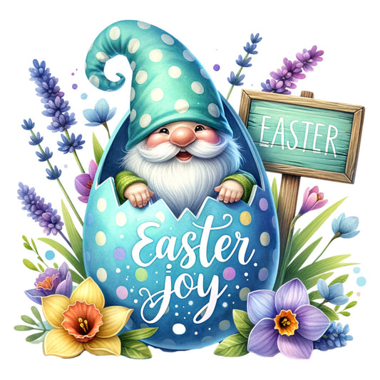 easter gnome, fabric panel, turquoise, polka dots, white beard, pointed hat, spring flowers, lavender, purple blooms, daffodils, easter egg, whimsical character, seasonal design, quilting cotton, craft panel, easter joy, garden gnome, floral arrangement, pastel colors, holiday themed