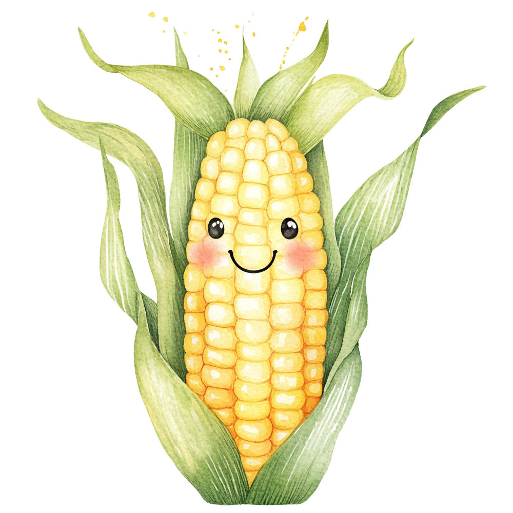 corn, maize, vegetable, cute face, smiling, happy character, anthropomorphic, green husks, yellow kernels, whimsical, playful, children's, farm theme, farmhouse, garden, produce, food, spring, summer, nature, kawaii, character design, illustration style, watercolor, cheerful, bright yellow, sage green, folk art, storybook, nursery