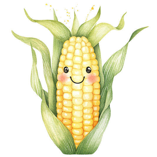 corn, maize, vegetable, cute face, smiling, happy character, anthropomorphic, green husks, yellow kernels, whimsical, playful, children's, farm theme, farmhouse, garden, produce, food, spring, summer, nature, kawaii, character design, illustration style, watercolor, cheerful, bright yellow, sage green, folk art, storybook, nursery