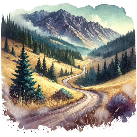 fabric panel, watercolor style, mountain landscape, winding road, evergreen trees, golden grass, purple heather, misty clouds, scenic valley, nature scene, quilting cotton, earth tones, sage green, dusty purple, ochre yellow, alpine vista, outdoor adventure, rustic charm, painted illustration