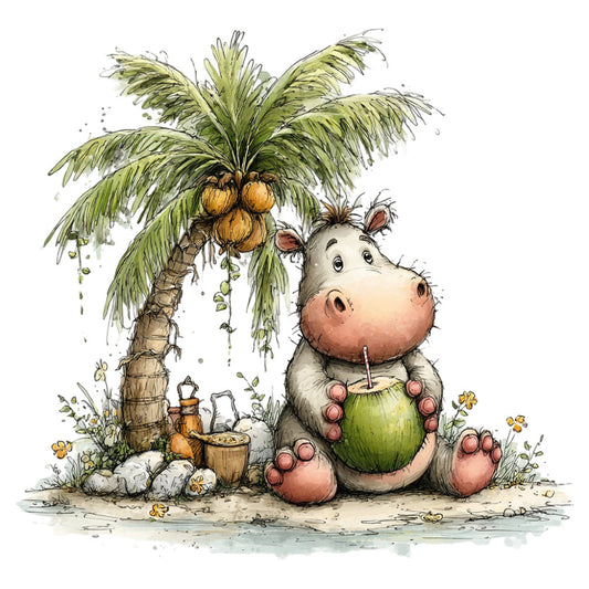 hippo, whimsical, cute animals, children's, baby, palm tree, tropical, nature, green, cream, tan, beige, coral pink, soft colors, pastel, storybook, illustration, watercolor, playful, nursery, adventure, safari, animal friends, gentle, sweet, illustration style, decorative panel, wall hanging