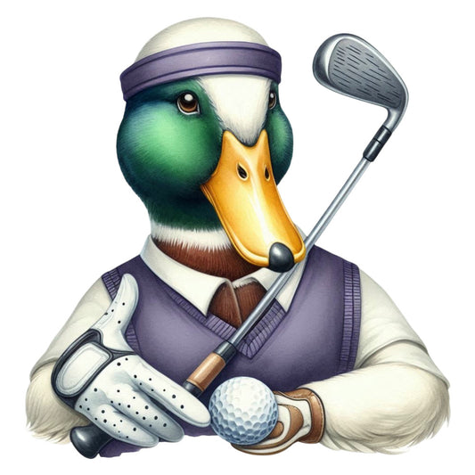 golf, golfer, duck, mallard, animals, sports, athletic, purple, forest green, cream white, gold yellow, brown, headband, golf club, golf ball, whimsical, quirky, humorous, cartoon, anthropomorphic, character, sporty, recreational, leisure, novelty, fun, playful, vintage inspired