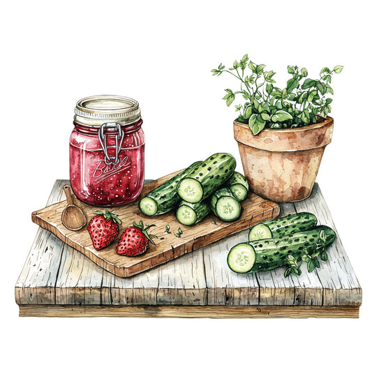 fabric panel, country kitchen, mason jar, strawberry jam, cucumbers, fresh strawberries, herb plant, terracotta pot, cutting board, wooden table, rustic style, watercolor illustration, green leaves, red preserves, garden vegetables, farmhouse theme, kitchen scene, quilting cotton, craft panel, botanical elements