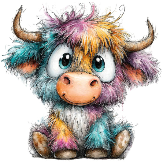 colorful, multi-color, turquoise, teal, magenta, pink, golden yellow, orange, purple, brown, whimsical, cute, highland cattle, highland cow, yak, fuzzy, fluffy, animal, farmhouse, children's, kids, playful, character, illustration, watercolor, artistic, baby, nursery, textile art