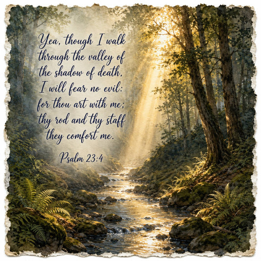 forest green, sage green, gold, cream, beige, tan, warm earth tones, nature, woodland, trees, stream, water, ferns, sunlight, spiritual, inspirational, religious, scripture, psalm 23, landscape, scenic, valley, peaceful, serene, rustic, traditional, vintage, spiritual comfort, faith-based, motivational quote