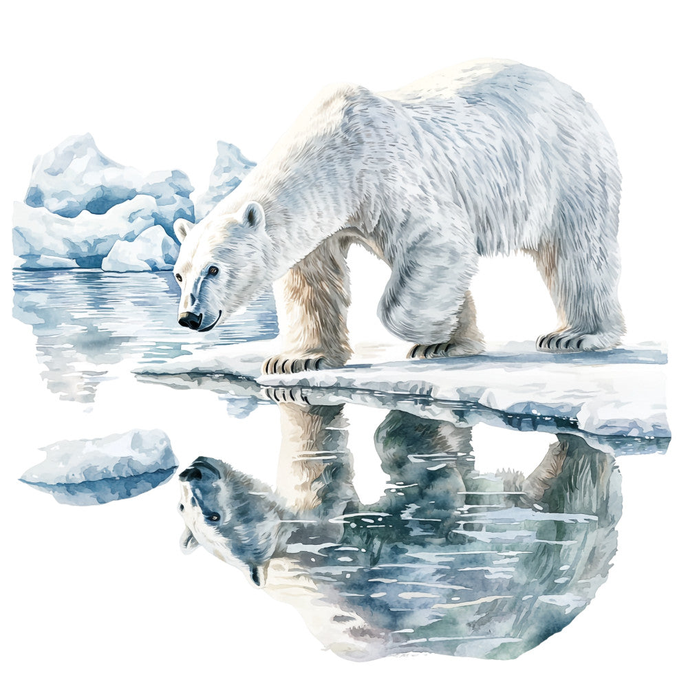 polar bear, arctic scene, ice floes, watercolor style, blue tones, white fur, reflection, glacial ice, wildlife art, fabric panel, quilting cotton, nature scene, arctic landscape, bear illustration, cool colors, winter theme, soft pastels, realistic artwork, frozen water, nordic wildlife
