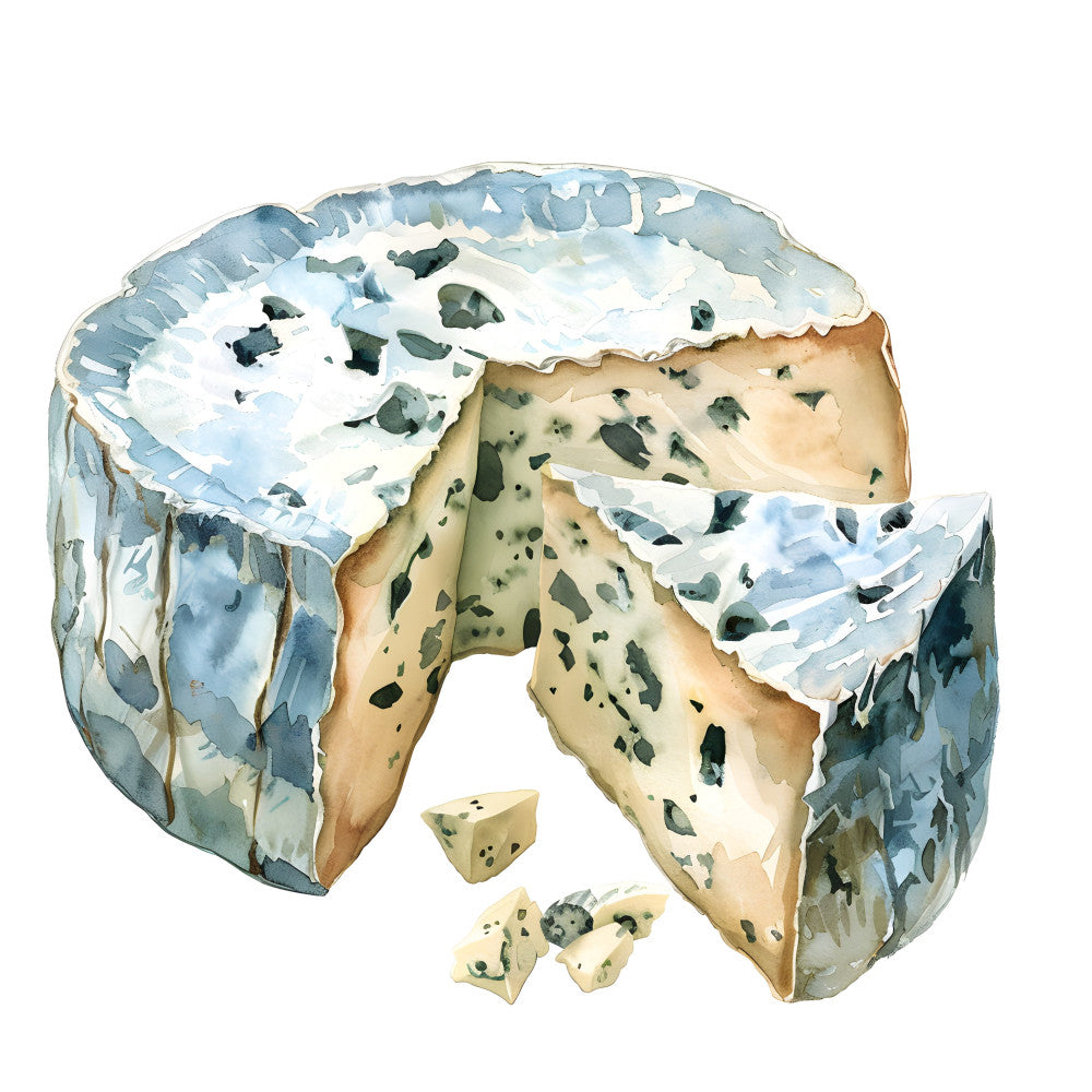 blue cheese, cheese illustration, gourmet food, cream cheese, mold veining, food art, culinary theme, realistic illustration, sage green, cream white, pale blue, tan beige, charcoal gray, food culture, farmhouse style, rustic aesthetic, artisan food, european style, kitchen decor, gouache painting, watercolor style, food panel, culinary interest, cottage core, traditional kitchen, food enthusiast, specialty cheese, cheese lover, elegant foodie, culinary art