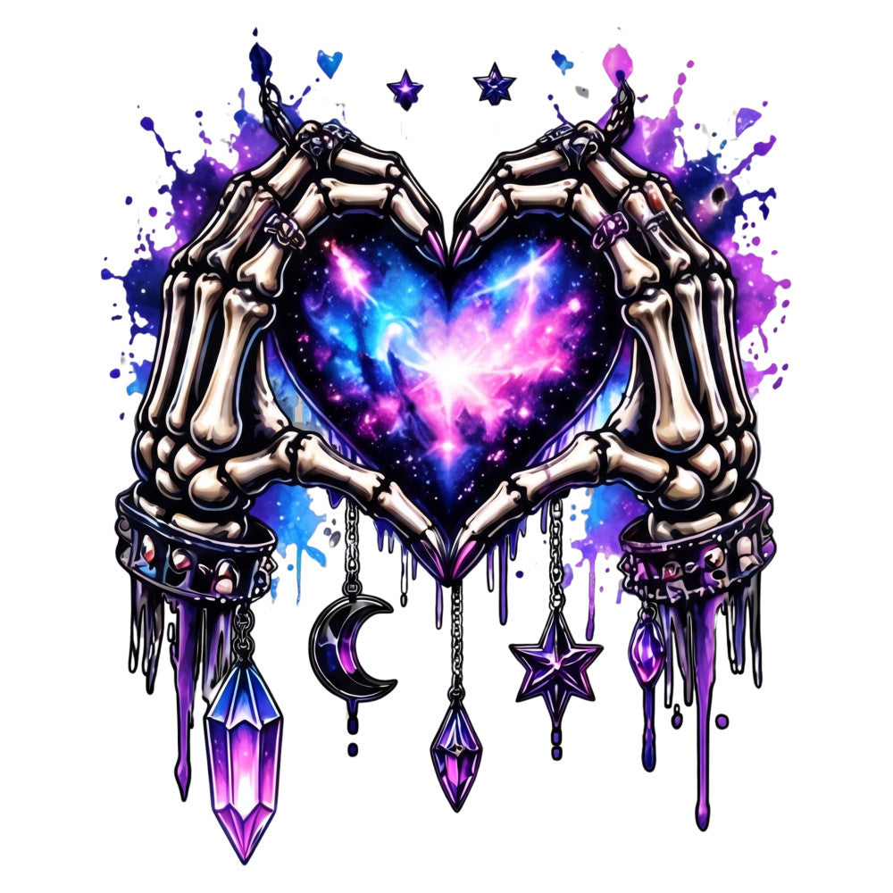 skeleton hands, cosmic heart, galaxy, purple, magenta, blue, black, celestial, stars, moon, mystical, gothic, magical, whimsical, dark academia, goth aesthetic, space theme, crystals, gemstones, chains, modern alternative, bohemian, night sky, supernatural, witchy, edgy, contemporary art, wall hanging, decorative panel