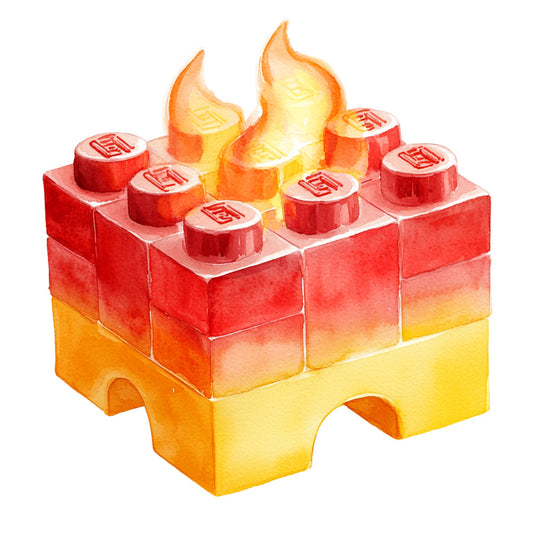 red, yellow, orange, gradient colors, lego blocks, building bricks, flames, fire effects, watercolor style, toy theme, construction play, bright colors, warm tones, fabric panel, quilting cotton, children's design, playful pattern, geometric shapes, nostalgic toys, craft project