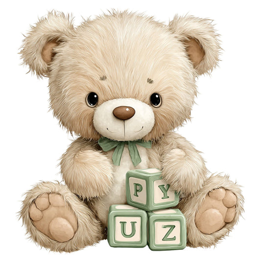 teddy bear, cream, beige, tan, sage green, soft green, blocks, alphabet, cute, whimsical, baby, nursery, children's, animals, toys, playful, gentle, sweet, infant, newborn, shower gift, wall hanging, baby quilt, gender neutral, learning, education, letters, building blocks, soft colors, pastel