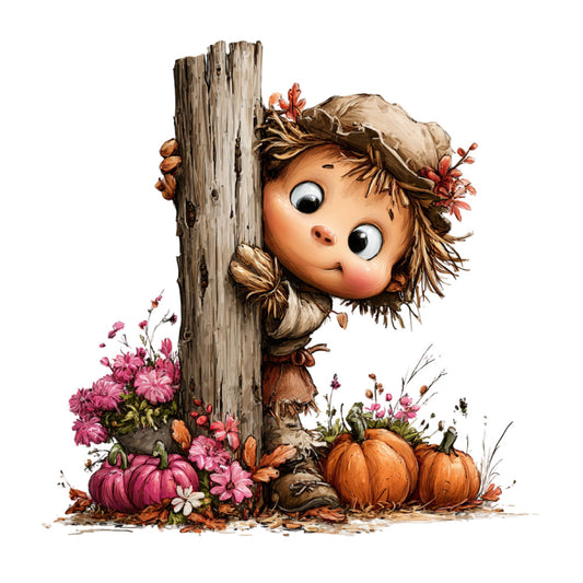 scarecrow, autumn, fall, harvest, whimsical, rustic, farmhouse, pumpkins, pink flowers, coral flowers, straw, wooden post, nature, seasonal, children's, cute character, big eyes, cheerful, warm tones, brown, tan, rust orange, dusty rose, cottage core, folk art, traditional, country style, wall hanging, baby quilt
