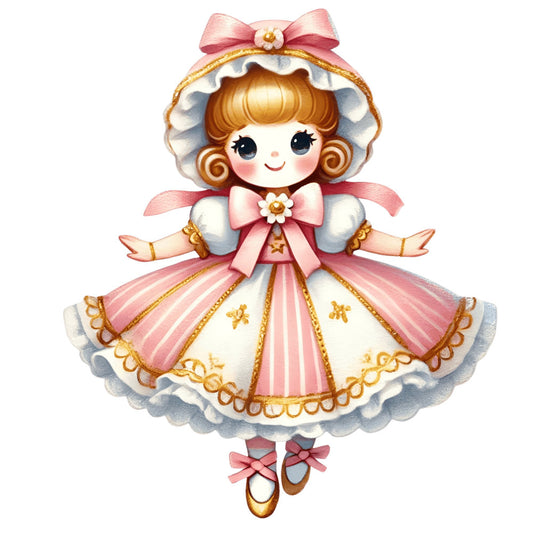 rose pink, cream, gold, blush, soft pink, white, coral pink, pastel, vintage doll, ballerina, angel, girl, whimsical, elegant, fairy tale, storybook, character, bow, ribbon, ruffles, lace, striped, ornate, decorative, sweet, feminine, nostalgic, classic, children, retro