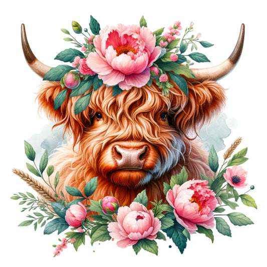 highland cattle, bull, rustic, farmhouse, floral, peonies, pink peonies, cream, rust brown, terracotta, forest green, sage green, botanical, nature, whimsical, elegant, vintage, boho, bohemian, spring, summer, animals, livestock, cottage core, country, folk art, decorative panel, wall hanging, home decor, romantic