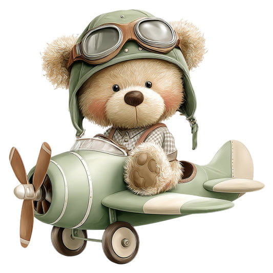 teddy bear, pilot, airplane, vintage aviation, sage green, cream, tan, brown, whimsical, children's, baby, steampunk, adventure, retro, goggles, leather details, aviator hat, cute animals, nursery, storybook, charming, illustrative, playful, boys, girls, travel theme, novelty print, spring, summer, wall hanging