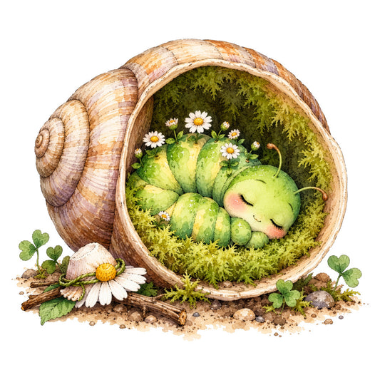 snail, sleeping creature, moss green, cream, tan, woodland, nature, whimsical, magical, fantasy, cute animals, daisies, flowers, soft colors, gentle, storybook, children's, baby, spring, garden, forest, peaceful, cozy, illustration art, hand-painted style, ivory, sage green, rustic, charming, enchanted