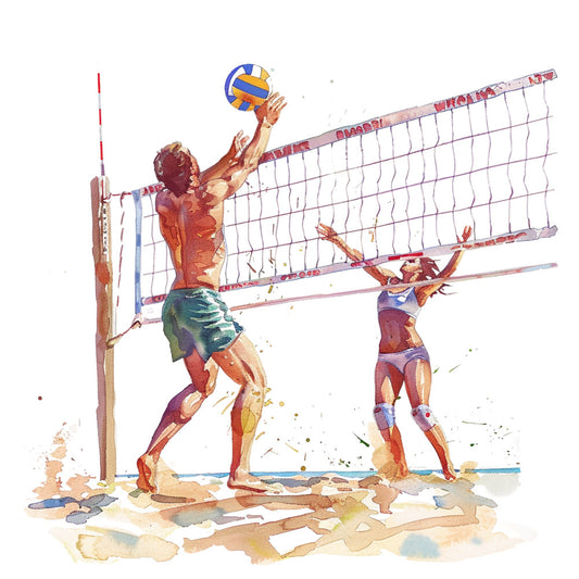 beach volleyball, sports, watercolor, splatter, abstract, summer, athletic, sand, ocean, teal, coral, gold, burnt orange, red, yellow, blue, watercolor art, recreation, outdoor sports, active wear, modern, contemporary, artistic, energetic, dynamic, action, women athletes, coastal, seaside, paint splatter